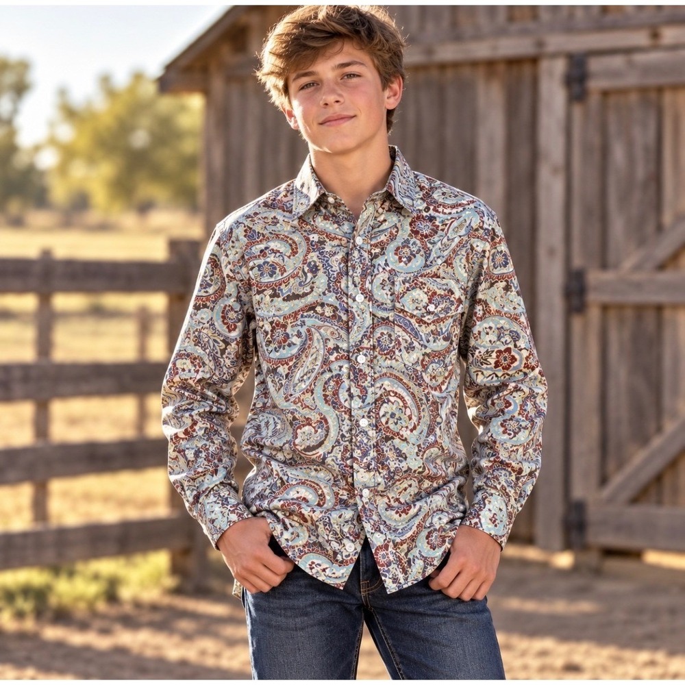 CINCH Boys XL 14 Paisley Western Button Down Shirt Cowboy Rodeo